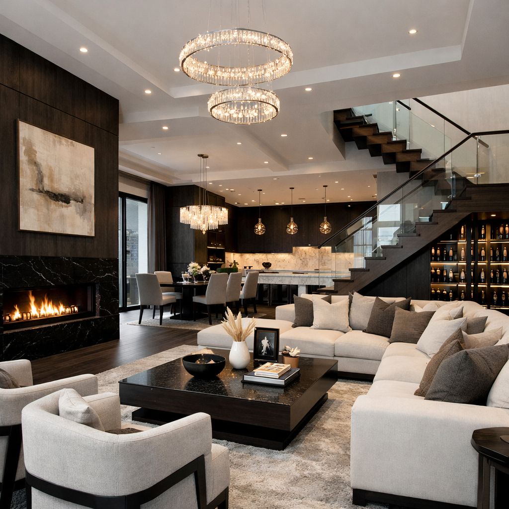Modern living room with beige sectional sofa, dark wood furniture, fireplace, dining table, and staircase
